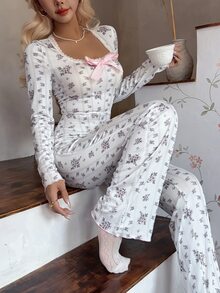 CottageSlumber Sweet Lace Trim Square Neck Bow Ditsy Floral One-Piece Pajamas Women's Loungewear - White - View 5