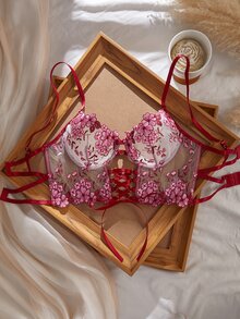 Myrelith Sexy Embroidered Mesh Hollow Front Cross Strap Underwire Bra 1pc - Multicolor - View 5