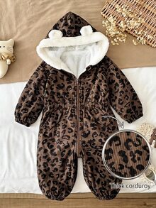 SHEIN 女嬰豹紋編織人造毛內裡連帽秋冬連身衣 - 彩色 - 查看 6