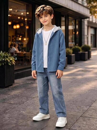 SHEIN 2pcs Kids Tween Boy Colorblock Patchwork Corduroy Hooded Long Sleeve Jacket Shirt And Denim Pants Set, Comfortable Versatile Fashionable Casual Cute Minimalist All-Match Style, Suitable For Indoor, Outdoor Skiing, Daily, Sports, Play, Party, Photography, Autumn/Winter