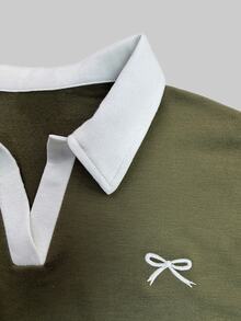 INAWLY 女款刺繡時尚撞色長袖運動衫，適合日常穿著 - 軍綠色 - 查看 3