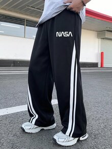1件裝兒童青少年男孩休閒寬鬆黑色配白色織帶運動長褲套裝，直筒褲腿，適合學校、居家、日常穿著、運動、生日派對、外出，百搭簡約 - 黑色 - 查看 4