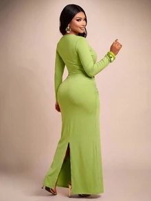 Brilight Sxy Maxi Bodycon Dress Front Knot Ruched Draped Slim Midi Dress For Cocktail Party Wedding Guest Dat - Green - View 3