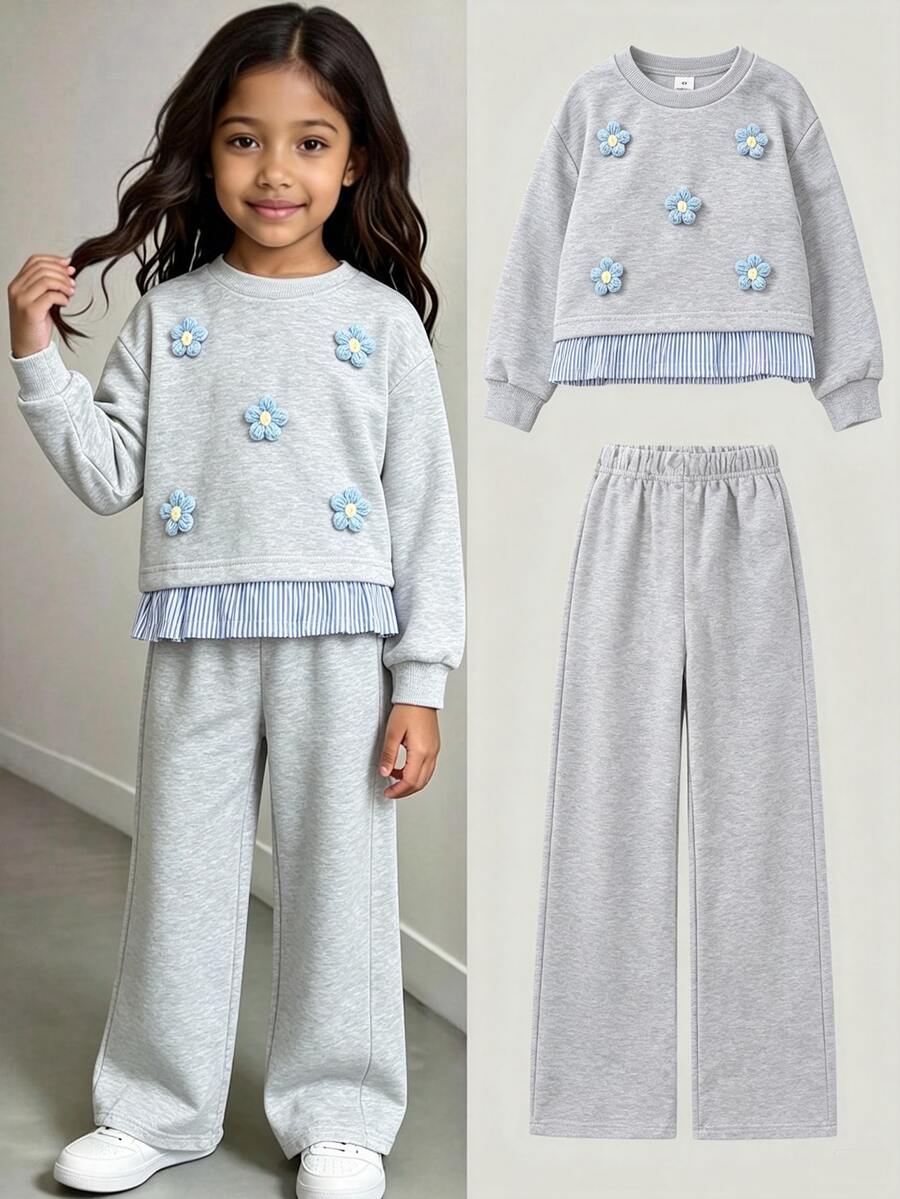 Elladie kids Girls' Korean Style Energetic Loose Fit Gray Floral Sweatshirt 2 In 1 Bow Knot Pattern 2 Pieces Set - Grey - View 1