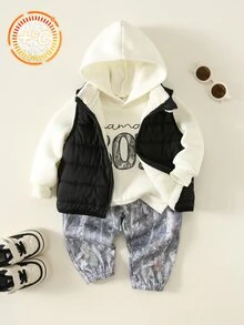 SHEIN 男嬰秋冬街頭風百搭抓絨背心、運動衫與長褲三件套 - 彩色 - 查看 7