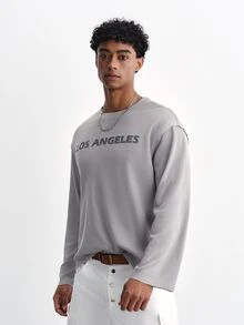 TOKVUE Men's Casual Commuter Versatile Gray Textured Letter Print Crew Neck Long Sleeve T-Shirt - Grey - View 5