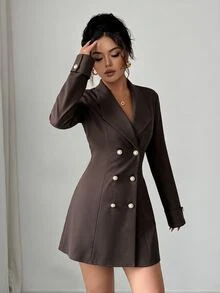 SHEIN Unity فستان قصير أنيق بسيط باللون البني الداكن منسوج بأكمام طويلة وأزرار أمامية مزدوجة، مناسب لحفلات المساء والمكتب، الخريف - قهوة بني - مشاهدة 4