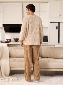 CoupledUp Men's Autumn/Winter Plush Colorblock Long Sleeve & Long Pants Loungewear Set - Apricot - View 3