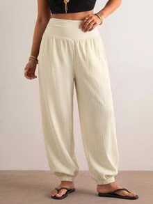 Freevana Plus Size Women Solid Color Pleated Casual Versatile Daily Wear Long Pants - Apricot - View 1