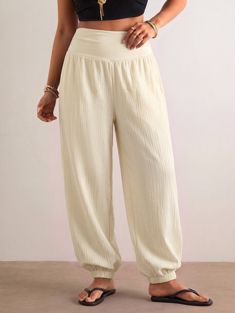 Freevana Plus Size Women Solid Color Pleated Casual Versatile Daily Wear Long Pants - Apricot - View 1