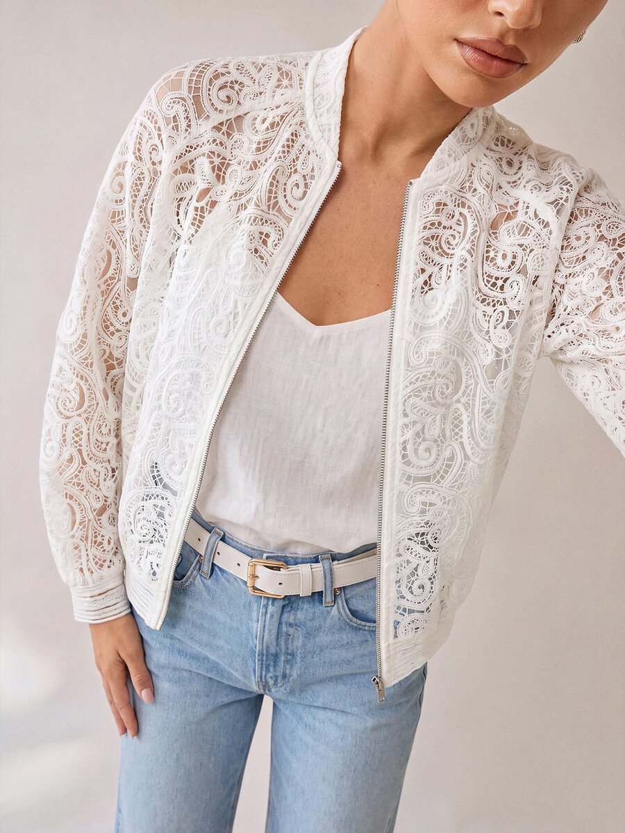 SHEIN Uhlyne Women's Elegant Fashion Hollow Embroidery Front Zipper Opening Small Stand Collar Long Sleeve Jacket, Fashionable Elegant Design Commuter Outfit White Top - White - View 1