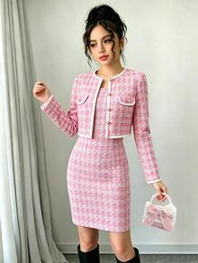 2pcs/Set Teen Girl Party Prom Holiday Formal Dinner Travel Summer Pink Plaid Contrast Trim Jacket Cami Dress Set Fleece Lined Thickened Elegant Cute - Pink - View 4