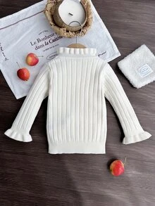 SHEIN 女嬰幼兒針織長袖套頭毛衣，荷葉領羅紋領口，白色/奶油色純色，適合秋冬，百搭日常穿著，時尚優雅，適用於居家、日常、外出與旅行 - 白色 - 查看 2