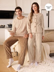 CoupledUp Men's Autumn/Winter Plush Colorblock Long Sleeve & Long Pants Loungewear Set - Apricot - View 7