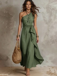 SHEIN Clasi Plus Size Women's Solid Color One Shoulder Sleeveless Patchwork Ruffle Elegant Vacation Dress - Mint Green - View 6