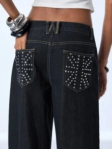 Y2Kool Women's Rivet Design Pocket Wide Leg Loose Casual Denim Jeans - Navy Blue - View 2