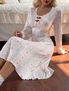 CottageSlumber Camisón de manga larga con lazo floral - Albaricoque - Ver 2