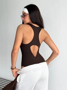 SHEIN Sports بدلة نسائية بلون موحد كاجوال للاستخدام اليومي والرياضة الخارجية - بني - مشاهدة 2