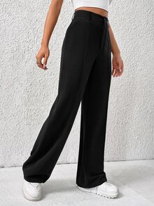 SHEIN EZwear Spring Solid Dark Grey High Waist Suit Straight Pants In Fall/Winter - Black - View 4