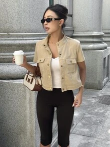 Flirla Jaket Wanita Musim Gugur/Dingin Warna Hijau Khaki Pendek Bahan Korduroi dengan Kancing Logam dan Kantong Serbaguna, Lengan Pendek, Gaya Kasual Sehari-hari Era 90-an - Khaki - View 6