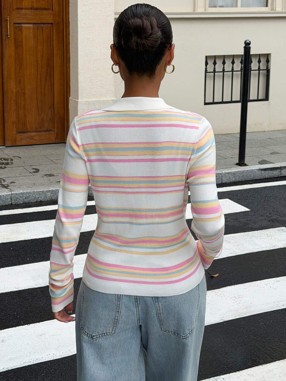 Women's Striped Patchwork Casual Versatile Daily School Long Sleeve Sweater Blue And White Stripe Autumn