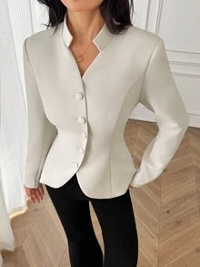 SHEIN PETITE Elegant, Minimalist White Blazer With A Small Stand Collar For Petite Women-Perfect For Work. - White - View 5