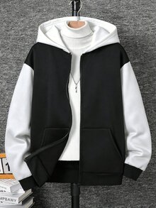 青少年男孩配色剪影連帽衛衣黑色夾克，休閒學院風舒適百搭柔軟面料，適合秋冬、家庭聚會、返校、運動、玩耍、生日派對、拍照、度假、節日 - 黑與白 - 查看 2