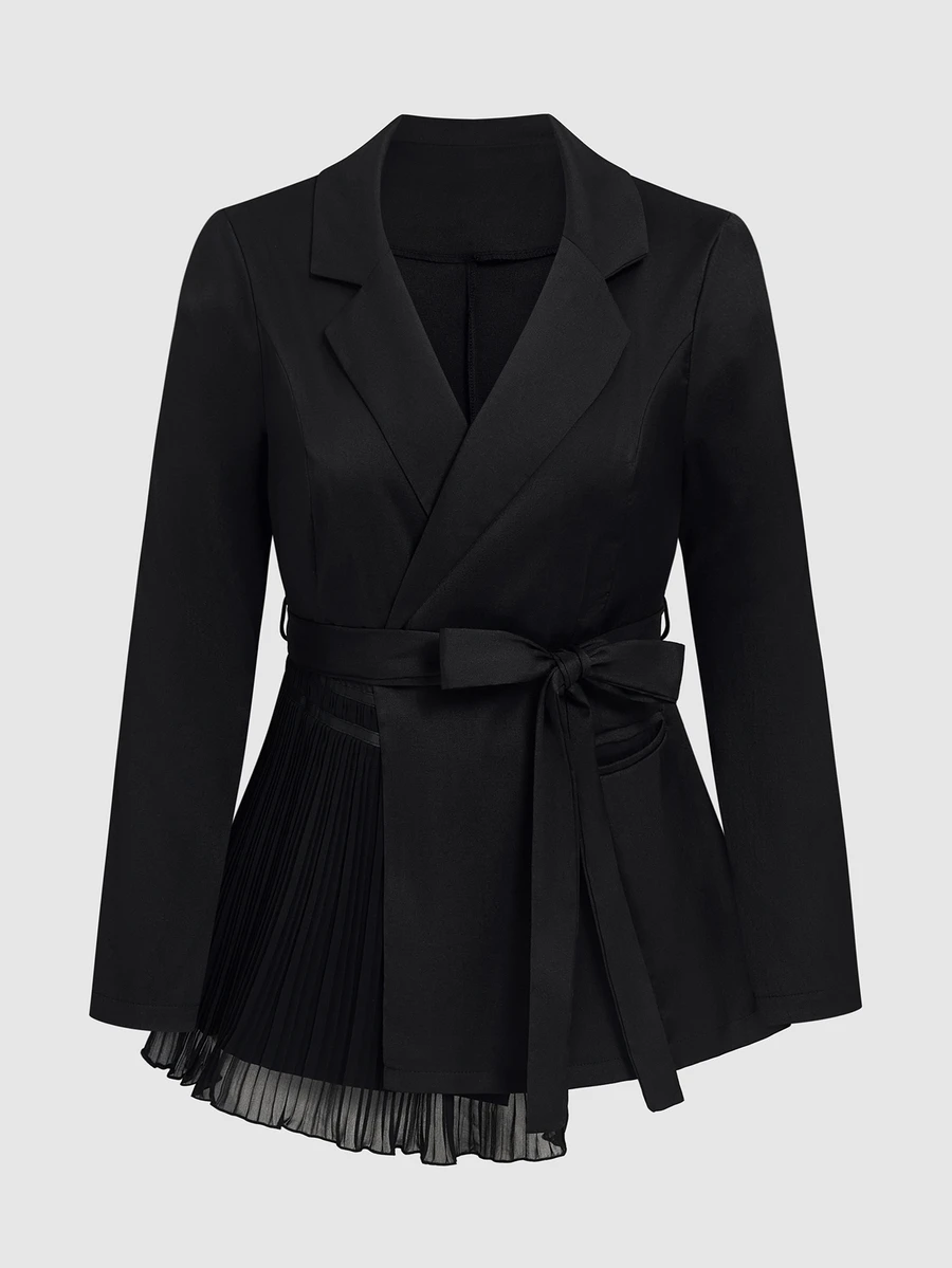 GlowEve CURVE Plus Size Women's Tie Waist Black Contrast Mesh Blazer - Black - View 1