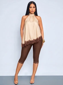 SOLERSUN Women's French Lace Patchwork Halter Top And Fitted Capri Pants 2 Pieces Set Going Out Night Out Cream Shades Of Brown Summer Sexy - Apricot - View 8