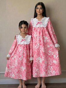 少女寬鬆休閒蕾絲拼接碎花家居服 - 粉色 - 查看 5