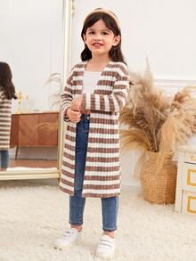 SHEIN 女童條紋休閒百搭日常穿搭開襟衫 - 黑色 - 查看 6
