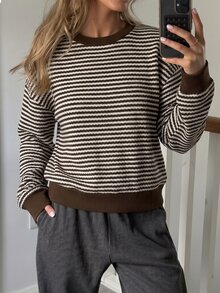 Modelyn 女款條紋圓領寬鬆落肩羅紋下擺休閒日常通勤百搭衛衣，秋冬款 - 彩色 - 查看 9
