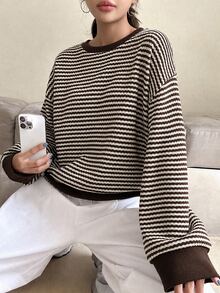 Modelyn 女款條紋圓領寬鬆落肩羅紋下擺休閒日常通勤百搭衛衣，秋冬款 - 彩色 - 查看 6