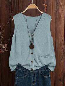 EMERY ROSE Women's Solid Color V-Neck Casual Versatile Daily Wear Knit Vest - Baby Blue - View 3