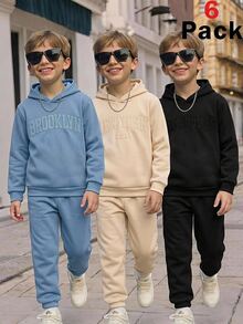 SHEIN 6pcs Kids Tween Boy Casual Daily Versatile Comfortable Embossed Pattern Hooded Pullover Loose Sweatshirt And Loose Jogger Pants Knit Two Pieces Set Thermal Lined Thick Sweatshirt Set - Multicolor - View 5