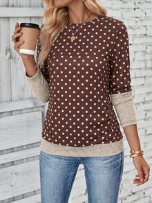 SHEIN LUNE Autumn New Multi-Color Small Round Neck Long Sleeve Colorblock Side Pleated Button Brown Polka Dot Casual Comfortable Women's T-Shirt - Multicolor - View 4