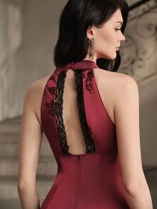 Anewsta Affair Retro Elegant Queen Halter Neck Cold Shoulder Long Dress, Matte Satin Sequin Embroidered Sleeveless Floral Waist-Cinching Wedding - Red Violet - View 4