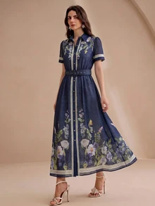 Anewsta Spring/Summer Navy Blue Premium Position Print Shirt-Style Tie-Front Short Sleeve Long Dress For Women - Navy Blue - View 6