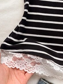 Comfortcana Women's Lace Patchwork Striped Button Half-Placket T-Shirt - Black - View 4