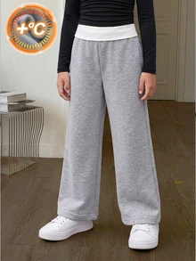 SHEIN Elladie kids 小女孩對比色腰帶麻灰色抓絨內裡寬腿運動褲休閒寬鬆保暖長褲 - 灰色 - 查看 1