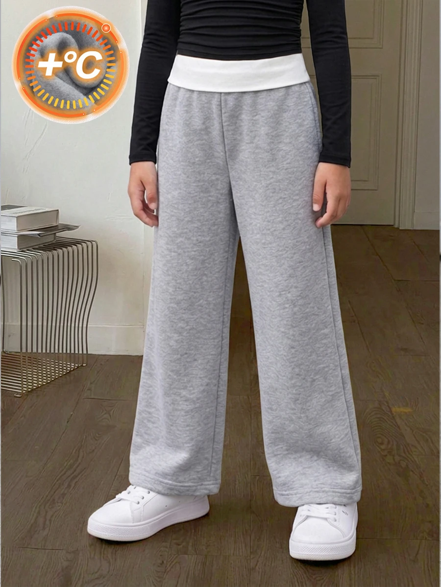 SHEIN Elladie kids 小女孩對比色腰帶麻灰色抓絨內裡寬腿運動褲休閒寬鬆保暖長褲 - 灰色 - 查看 1