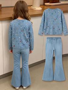 SHEIN Casuvi Kids Tween女孩春/秋長袖上衣與喇叭褲2件套，淺牛仔藍全身上飾彩色水鑽，牛仔效果柔軟面料，搭配鬆緊腰喇叭褲，甜美酷感精緻少女風套裝，適合日常穿著、學校活動與假期 - 彩色 - 查看 2
