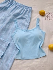 Comfortcana 純色蕾絲飾邊加墊細肩帶背心與條紋長褲休閒女裝套裝 - 藍色 - 查看 6