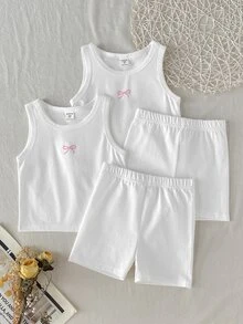 SHEIN 女童春夏細肩帶上衣與短褲套裝 2 件組 素色/多色內衣套裝，四季適用 - 白色 - 查看 1