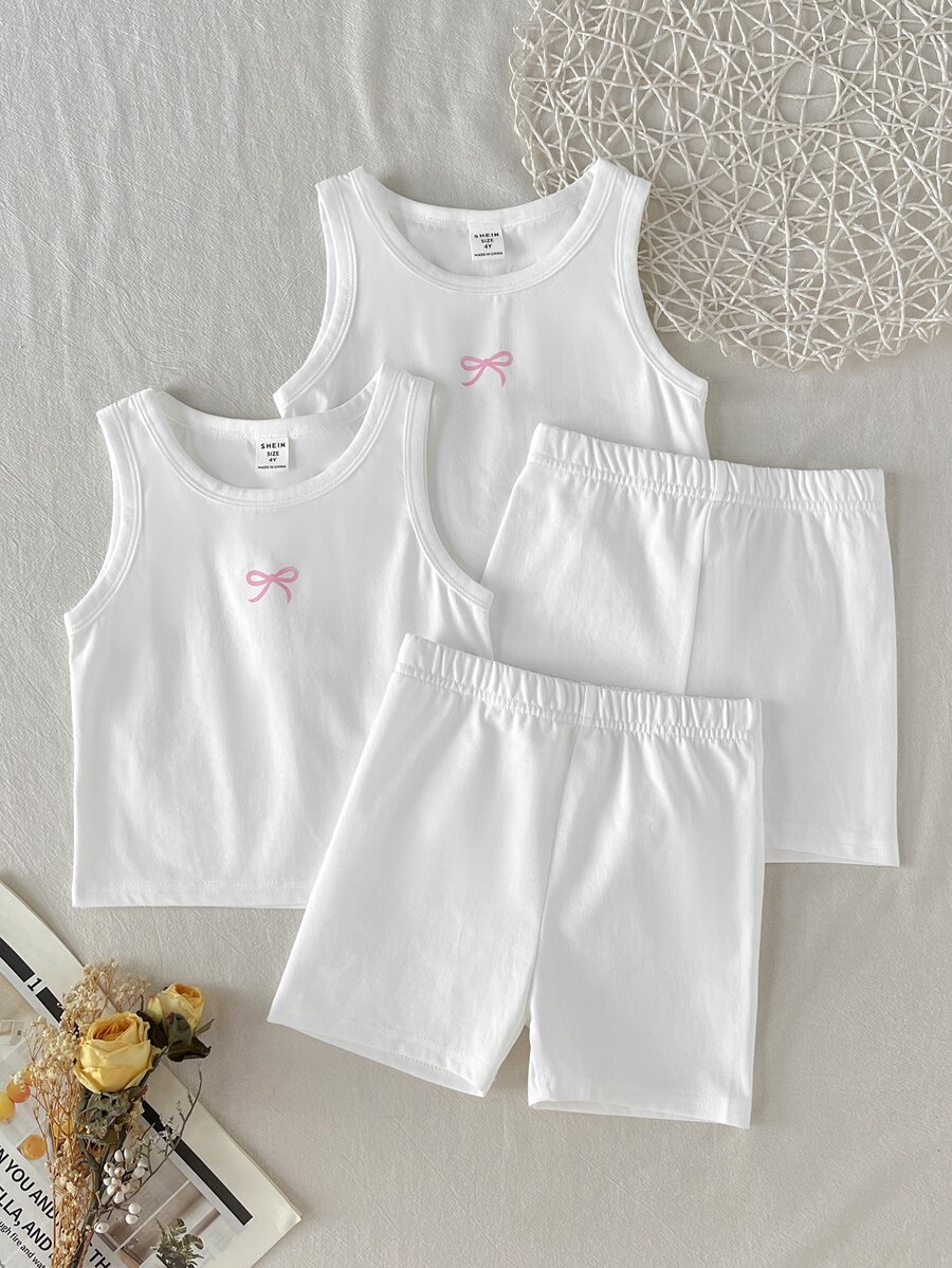 SHEIN 女童春夏細肩帶上衣與短褲套裝 2 件組 素色/多色內衣套裝,四季適用 - 白色 - 查看 1