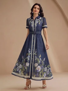 Anewsta Spring/Summer Navy Blue Premium Position Print Shirt-Style Tie-Front Short Sleeve Long Dress For Women - Navy Blue - View 3
