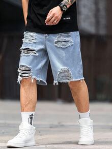 Manfinity LEGND Men's Summer Casual Washed Distressed Denim Shorts - Light Wash - View 3