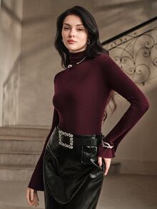 Anewsta ملابس علوية نسائية مثيرة بتصميم شبكي متباين وياقة عالية وأكمام واسعة، ملابس علوية داخلية بقصة ضيقة وإطلالة جذابة مناسبة للتنقل والمواعيد في فصلي الخريف والشتاء - Bold Plum - مشاهدة 5
