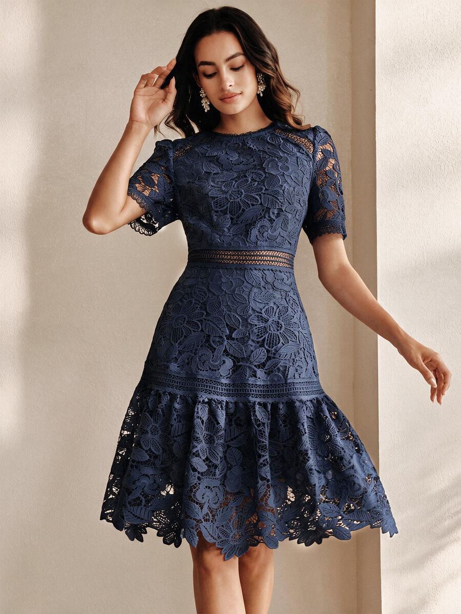 Anewsta New Party Summer Vacation Outfit Round Neck Short Sleeve Hollow Patchwork A-Line Skirt Exquisite Water-Soluble Lace Holiday Gathering Afternoon Tea Elegant Women's Dress - Navy Blue - View 1