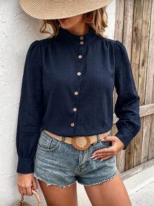 EMERY ROSE Autumn New Loose Casual Fashion Solid Color Plus Size Shirt, Daily Outing Outfit Fall - Blue - View 3